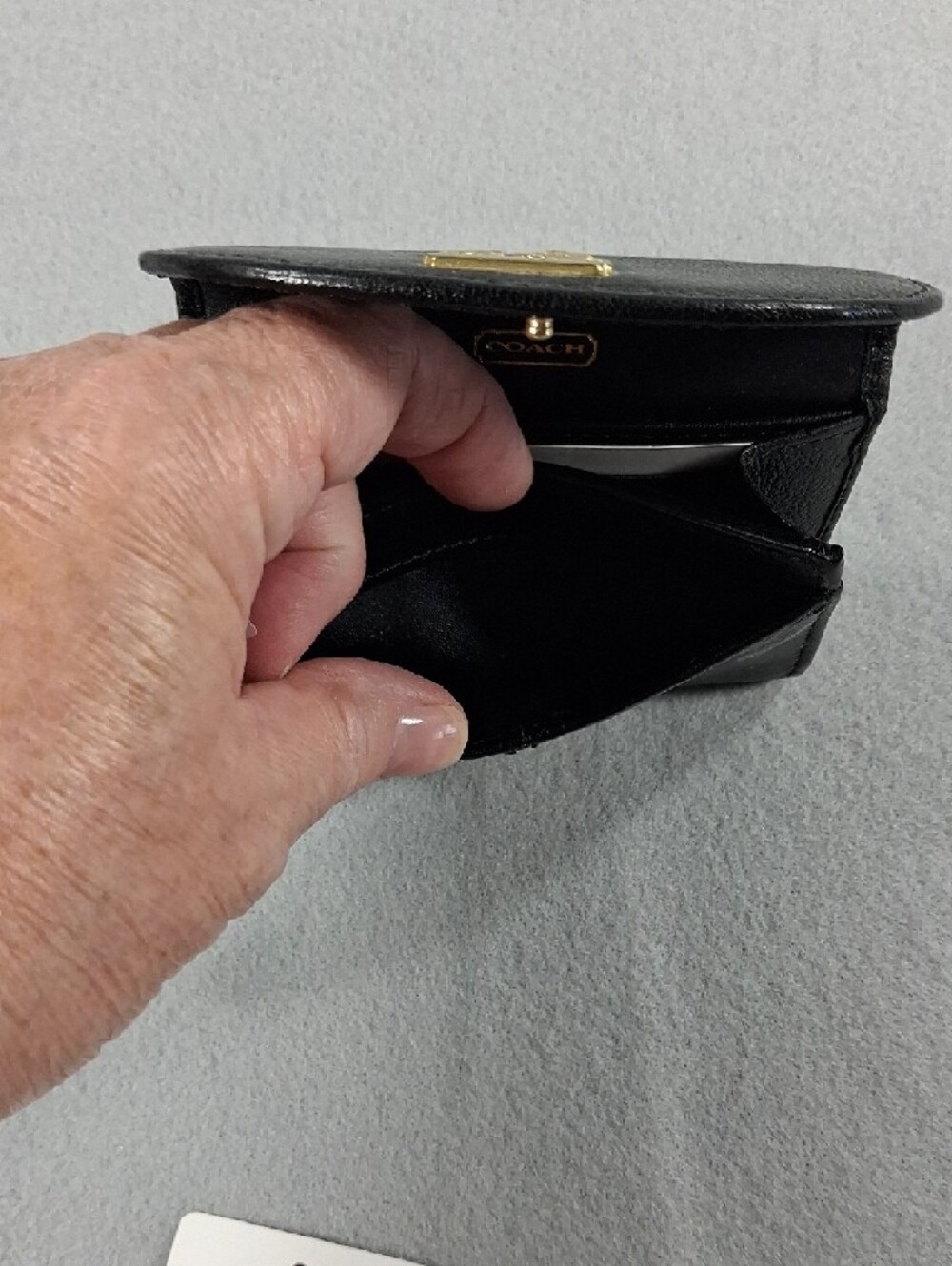 Coach Black Leather Trifold Card Holder with Gold Logo - Picture 5 of 5
